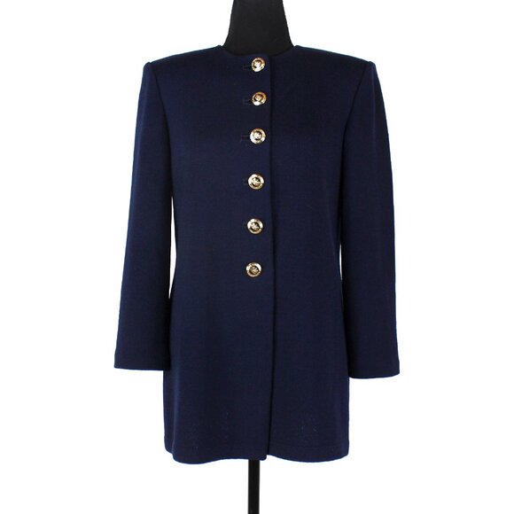 St. John Navy Blue Santana Knit Gold Crest Logo Button Long Blazer P Jacket Coat - Picture 1 of 7